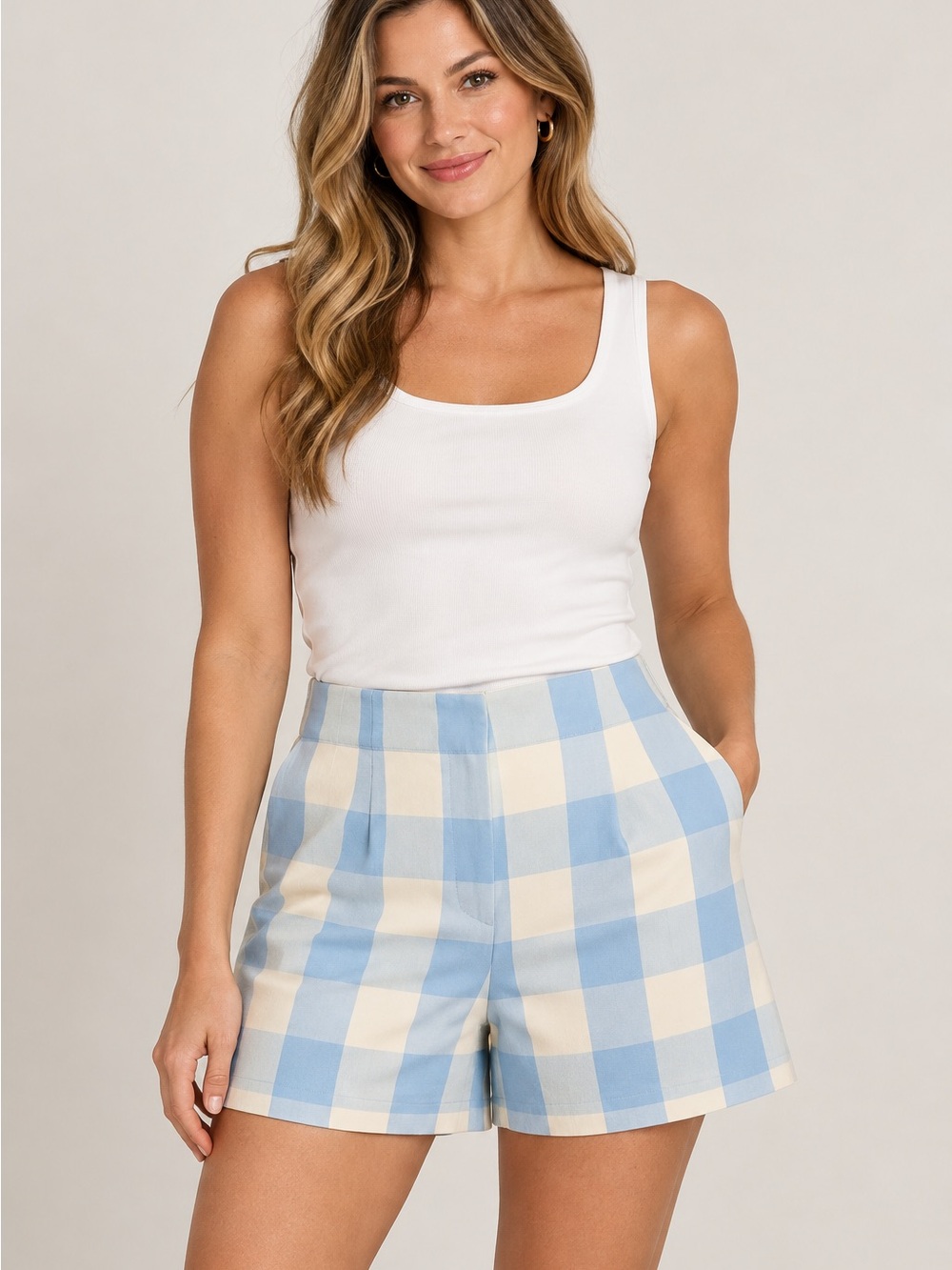 Avec Les Filles Gingham Plaid High Rise Tailored Shorts Size 12 Blue White